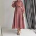 Women's Clothing Muslim Solid Color Sleeves With Belt Long Fashionable Temperament Dress_voghion.com