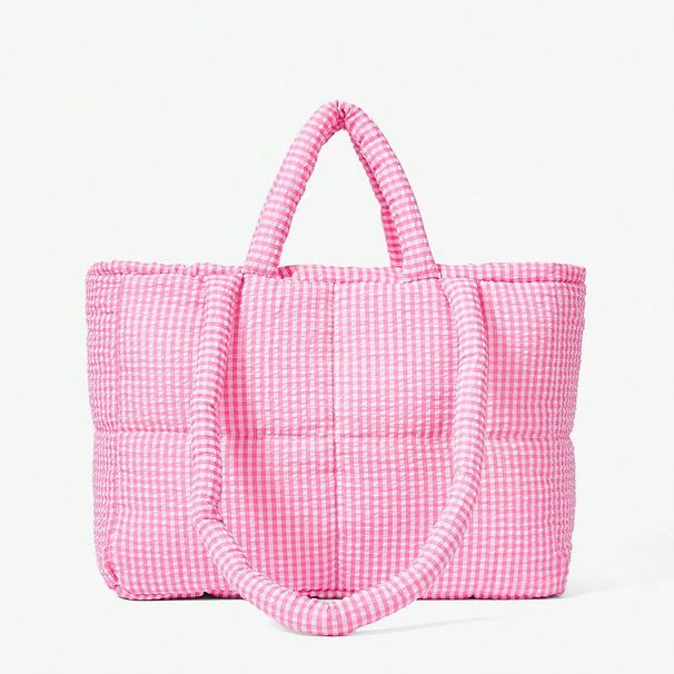 2025 Large-capacity Checkered Canvas Tote Bag, Summer Popular , Laid-back Style Shoulder Shopping Bag, New Fashionable And Versatile_voghion.com