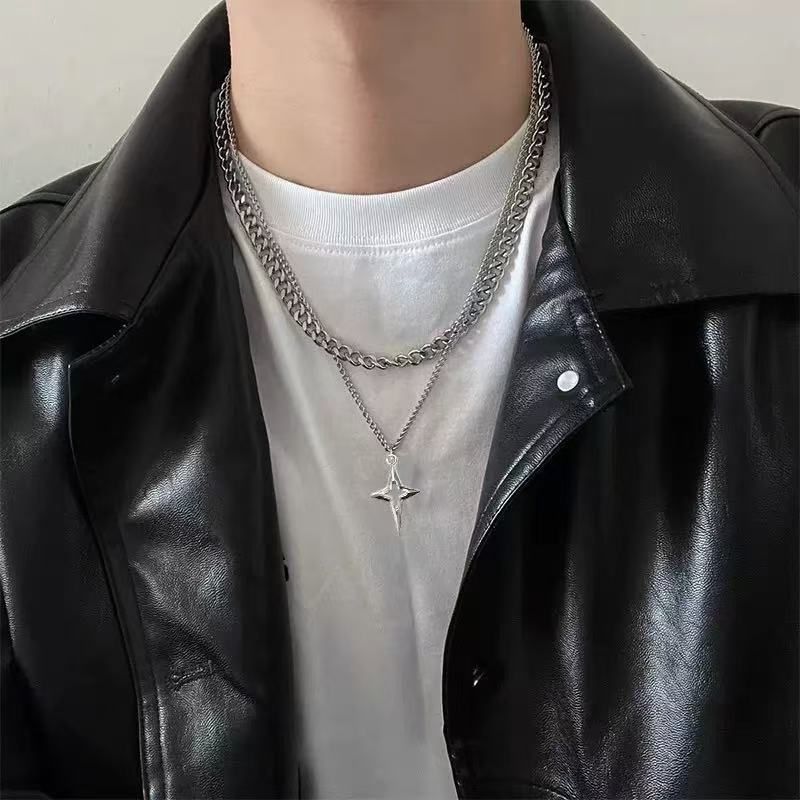 Double Layer Necklace Cross Personality Star Minimalist Fashion Elegant Design Sense Niche Hip Hop Multi-layer Versatile_voghion.com