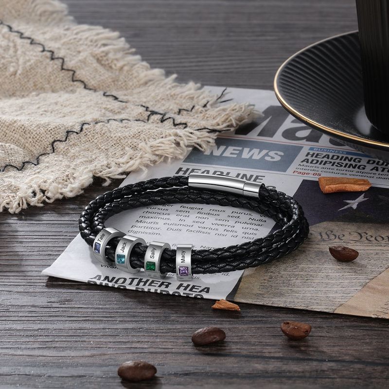 Fashion Father's Day Hot-Selling Leather Cord Bracelet Name Birthstone Personalized_voghion.com