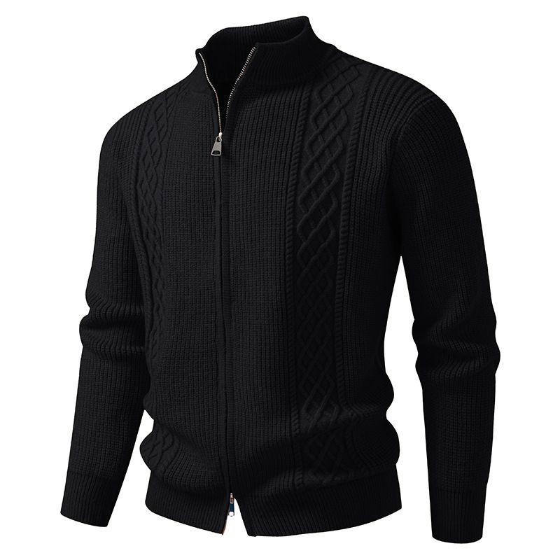 Cardigan masculino de malha jacquard com zíper duplo - pulôver de manga comprida com corte slim para uso casual e no escritório_voghion.com