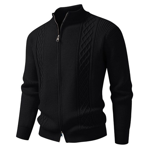 Cardigan masculino de malha jacquard com zíper duplo - pulôver de manga comprida com corte slim para uso casual e no escritório_voghion.com