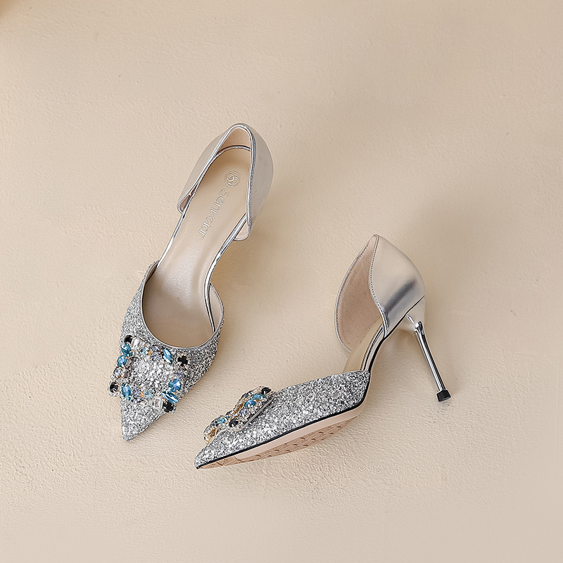Baotou hollow single shoes for women 2023 new shallow mouth sequined crystal wedding shoes pointed toe sexy bridesmaid banquet high heels_voghion.com