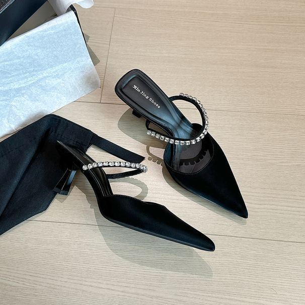 623-2 Pantofole a punta alta di alta qualità, stile francese, con strass e catena, punta chiusa, tacco sottile_voghion.com