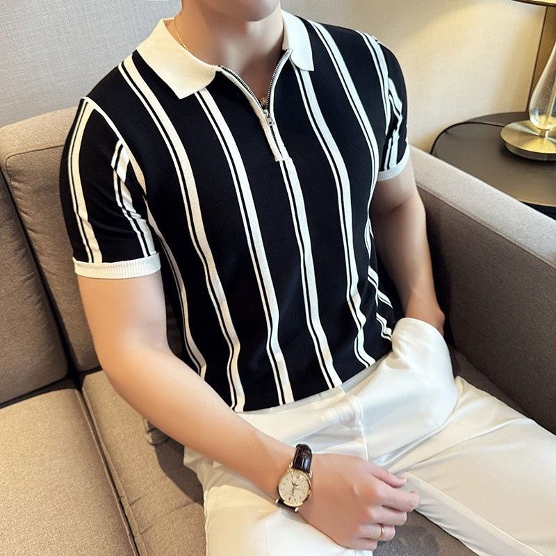 Camisa polo masculina listrada contrastante com meio zíper - Verão, leve e respirável | Design de lapela fina | Estilo elegante e maduro_voghion.com
