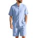 American Hawaiian Summer Men's Linen Loose Henry Collar Beach Short Sleeve Shorts Shirt Set_voghion.com