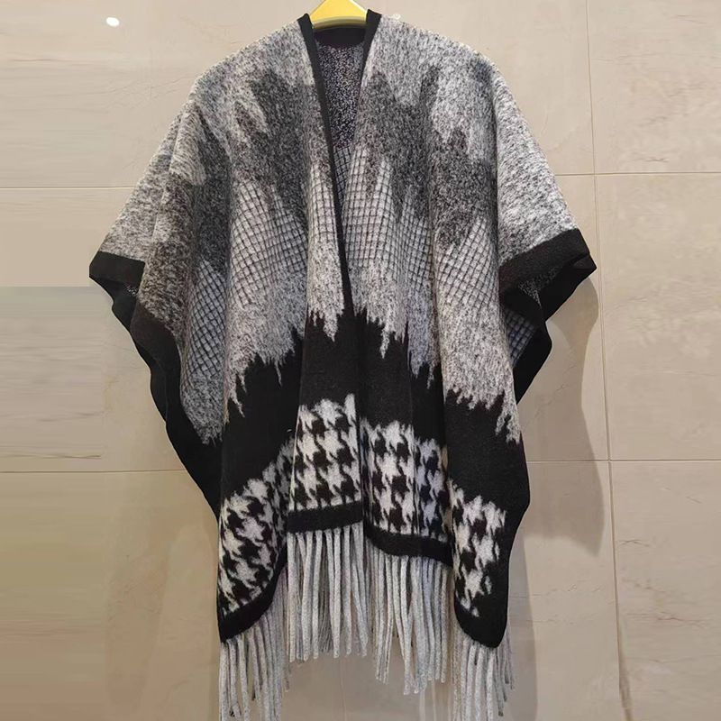 Châle à franges effet délavé, motif pied-de-poule, cape chaude et polyvalente pour femme, automne-hiver, style rétro inspirée des influenceuses et parfaite pour les voyages._voghion.com