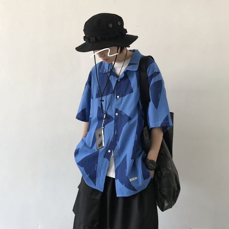 Men's Clothing Blue Short Sleeved Shirt For Men Brand Casual Printing Loose Handsome Shirt For Men_voghion.com