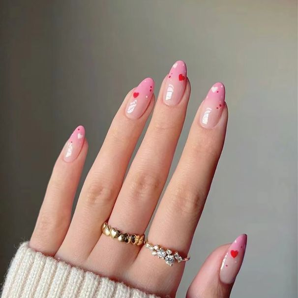Pink To Red Ombre Heart Press-On Nails Almond Shape False Nails Glue-On & Peel-Off Nail Art Tips Sweet & Edgy Style_voghion.com
