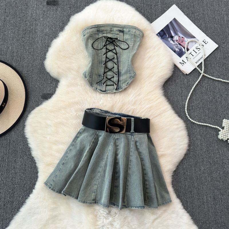 Women's Clothing Retro Denim Suit Feminine Hottie Top Anti Exposure A Line Hottie Pleated Skirt Two Piece Suit_voghion.com