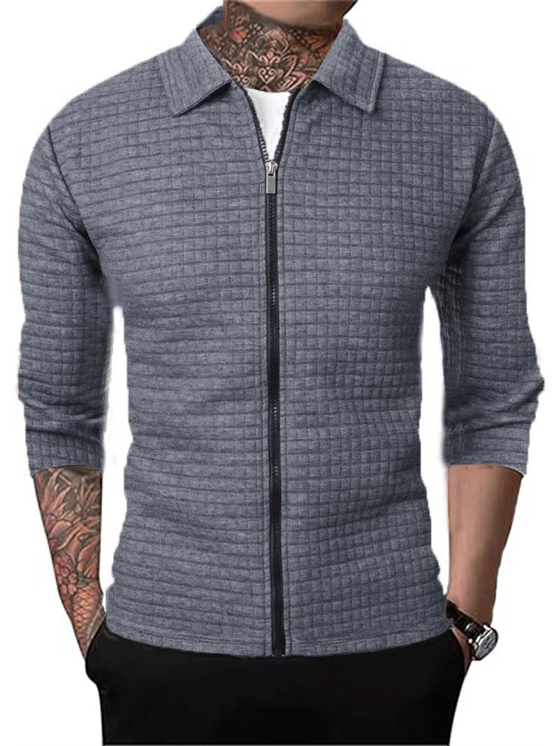 Checkered fabric cardigan autumn new zipper jacket casual men's long sleeved lapel waffle top_voghion.com