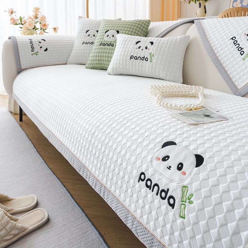 2024 Summer Cool Bean Ice Silk Cushion Embroidered Panda Head Non-Slip Modern Simple Sofa Cover Slipcover_voghion.com