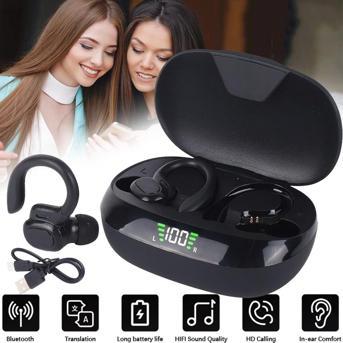 AI Language Echtzeit-Übersetzung Ohrhörer Drahtlose Bluetooth-Kopfhörer_voghion.com