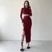 2025 Spring Summer New Women's Fashion Solid Color Casual Round Neck Sleeve Top Slim Tie Long Dress Set_voghion.com