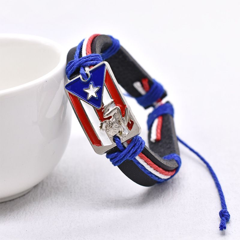 Bracciale in pelle intrecciata da uomo, in lega di zinco con motivo a rana, in rilievo 3D, con bandiera americana di Porto Rico, colore rosso, bianco e blu_voghion.com