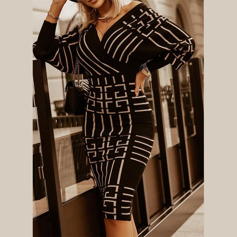 Gestreiftes Damenkleid mit mittlerem V-Ausschnitt, langen Ärmeln und hoher Taille_voghion.com