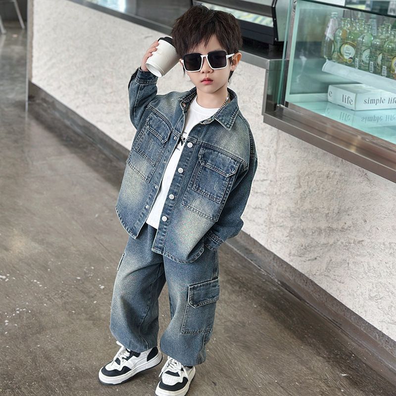 ​Dwuczęściowy zestaw jeansowy dla dzieci - luźny strój w stylu retro na wiosnę/jesień, modny garnitur inspirowany stylem koreańskim dla chłopców​_voghion.com
