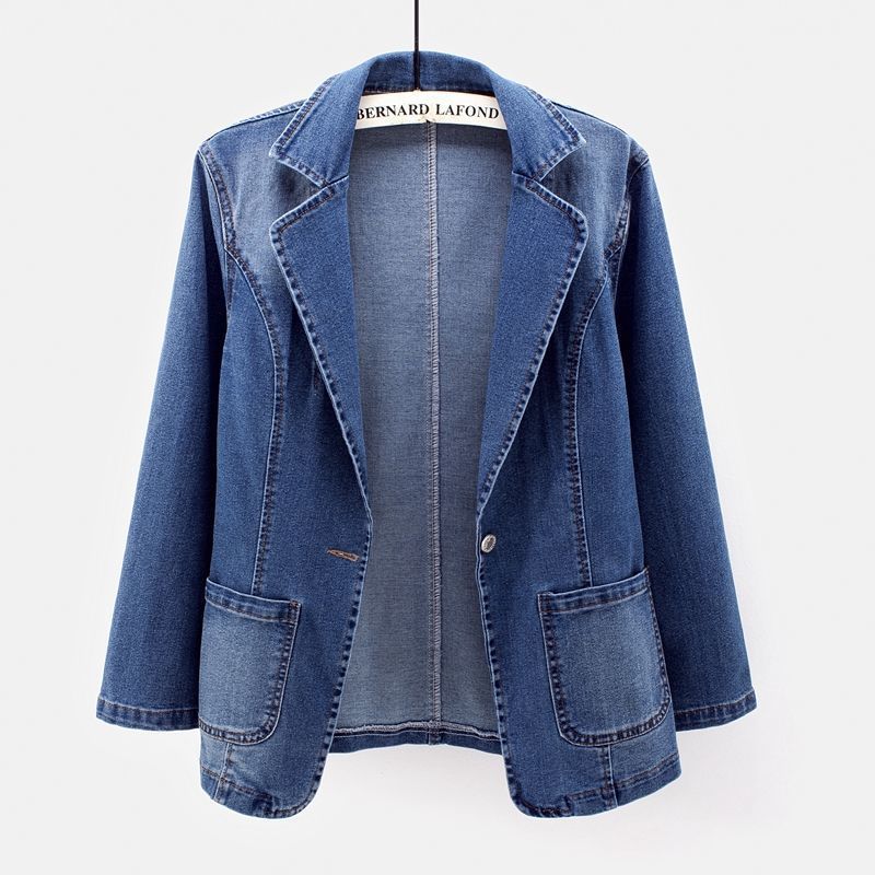 Women's Slim Fit Denim Blazer Jacket Single Button Open Front Casual Spring Fall Coat​​_voghion.com