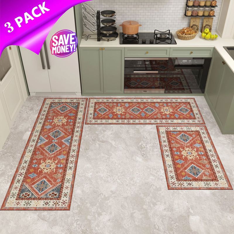 Kitchen Rug Sets 3 Piece With Runner Non Slip Kitchen Rugs And Mats Washable Kitchen Mats For Floor Thick Kitchen Floor Mat Carpet Runner Rugs For Hallway Laundry Holiday Decor_voghion.com