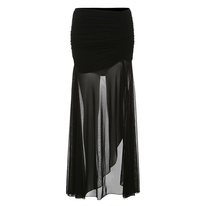 Verve 2025 Été Nouvelle Mode Femme Sexy Noir Maille Transparente Fendue Longue Jupe Mi-longue_voghion.com