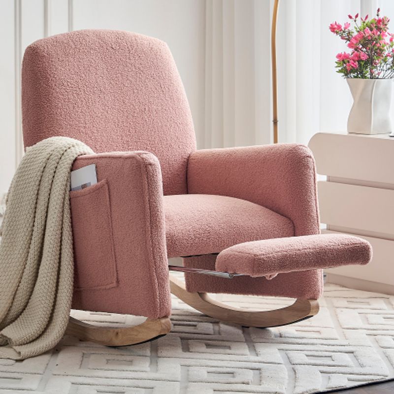 Schaukelstuhl Mit Hocker, Relaxsessel Mit Ottomane, Schaukelstuhl Für Den Innenbereich Mit Hoher Rückenlehne Für Das Wohnzimmer, Aus Rosa Teddy-Stoff_voghion.com