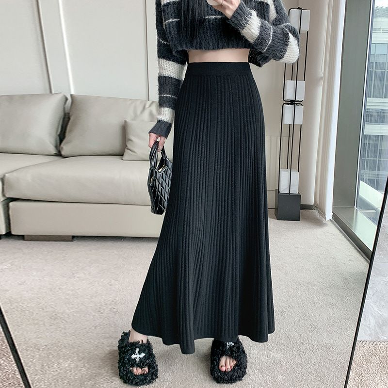 Half autumn/winter women's knitted 2024 autumn new high waisted woolen knit slim fit A-line mid length skirt_voghion.com
