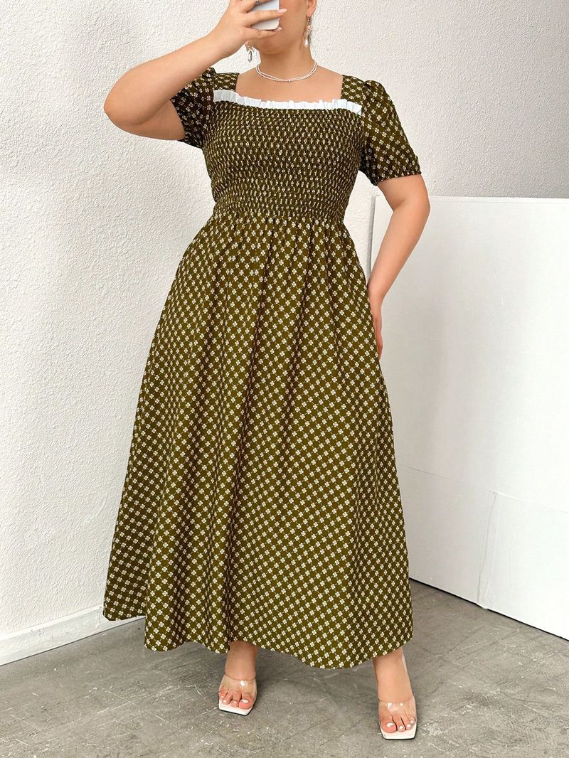 Abito midi floreale con scollo quadrato chic - Abito da tè a trapezio che definisce la vita per le donne_voghion.com