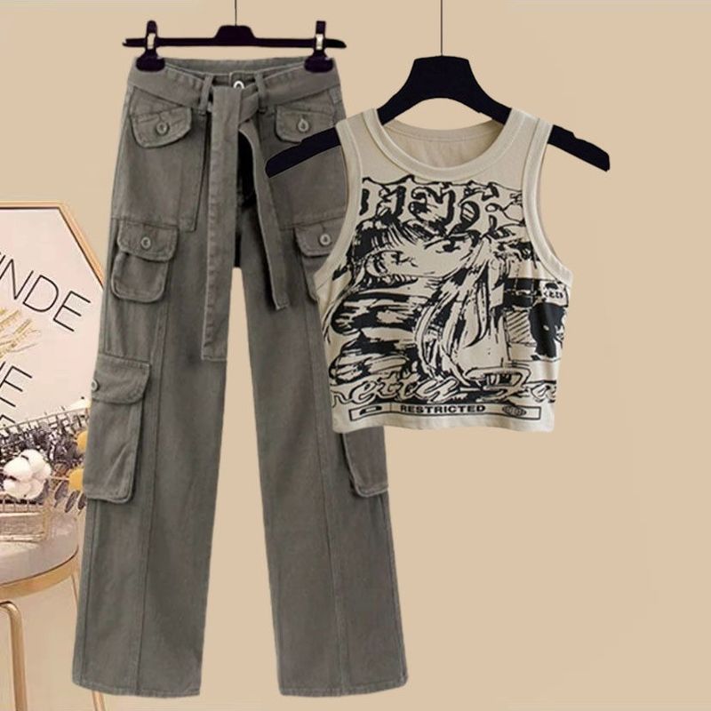 Dameskleding Vroege herfststijl retro-outfit voor vrouwen nieuwe slanke all-match vest bretels shirt overall driedelig pak_voghion.com