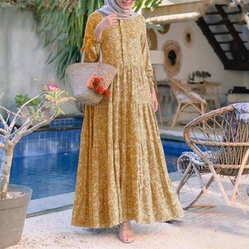 Women's Clothing Muslim Autumn Casual Temperament Wear Sling Type Round Neck Large Swing Type Dress_voghion.com