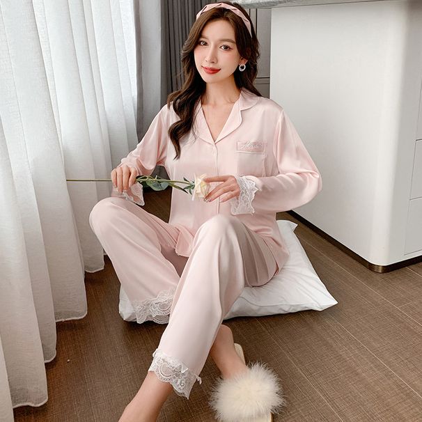 Pajamas Women's Thin Ice Silk Long Sleeve Two-piece Set Satin Chiffon Loungewear_voghion.com
