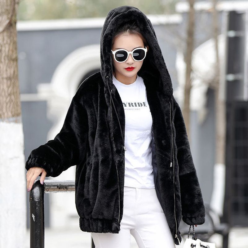 Women's Clothing mid length winter new loose plush warm long sleeved plush short jacket_voghion.com