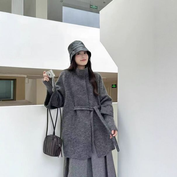 Double-Faced Wool Coat – Oversized Belted Trench (Camel/Grey/Black/White) | Korean Relaxed Fit With Waist Tie_voghion.com
