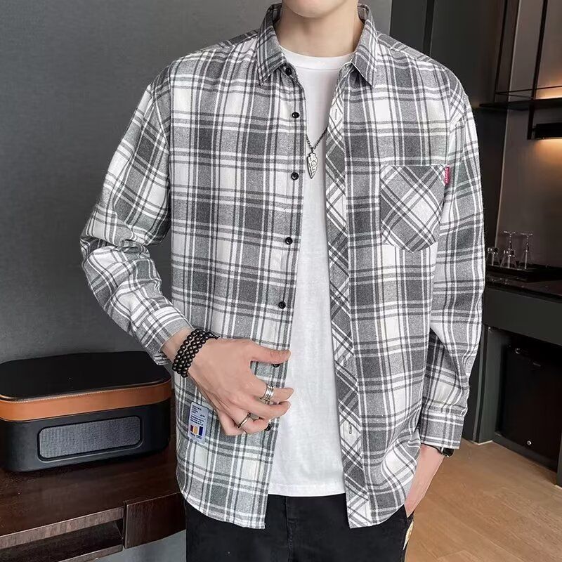 Camicia casual con colletto largo versatile, giacca da uomo americana retrò a quadri, autunno, tendenza, coppia, marchio_voghion.com