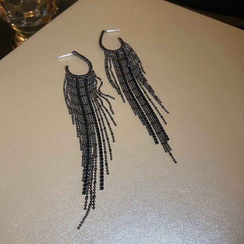 Silver Needle Earrings Metal Style Long Zircon Leaf Fringed Earrings Exquisite Fashion Earrings Cold Wind Light Luxury Temperament Earrings_voghion.com