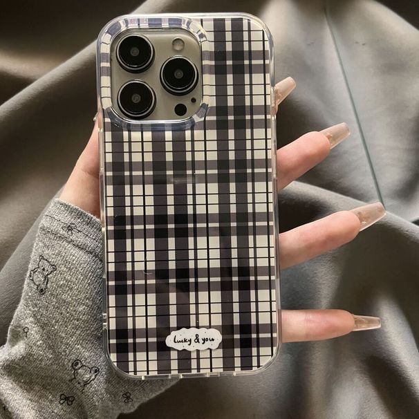 Coque premium à motif écossais noir et blanc pour iPhone 15/16, 13, 14 Pro Max, coque souple, design simple_voghion.com