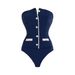 2025 New Navy Strapless Simple One-piece Swimsuit Shorts Set For Women 25293_voghion.com