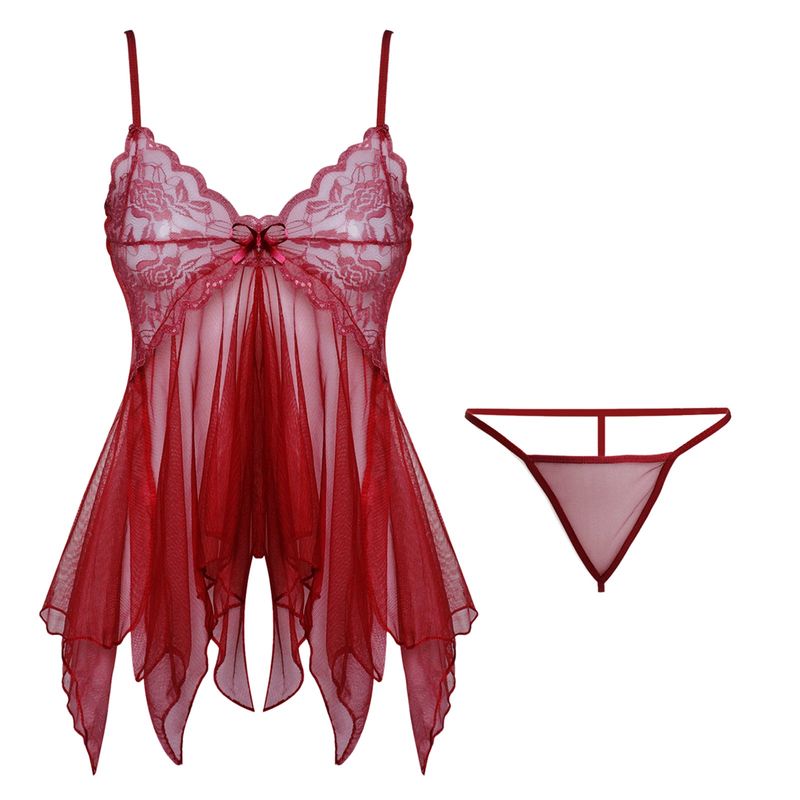 Lencería erótica de malla de hilo para mujer, vestido de noche Sexy con cuello en V y tirantes de encaje, camisones transparentes con Tanga_voghion.com