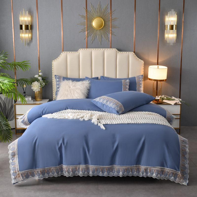 Lace Trim Bedding Set Washed Brushed Cotton Solid Color Duvet Cover Pillowcases 3/4 Piece Luxury Hotel Style_voghion.com
