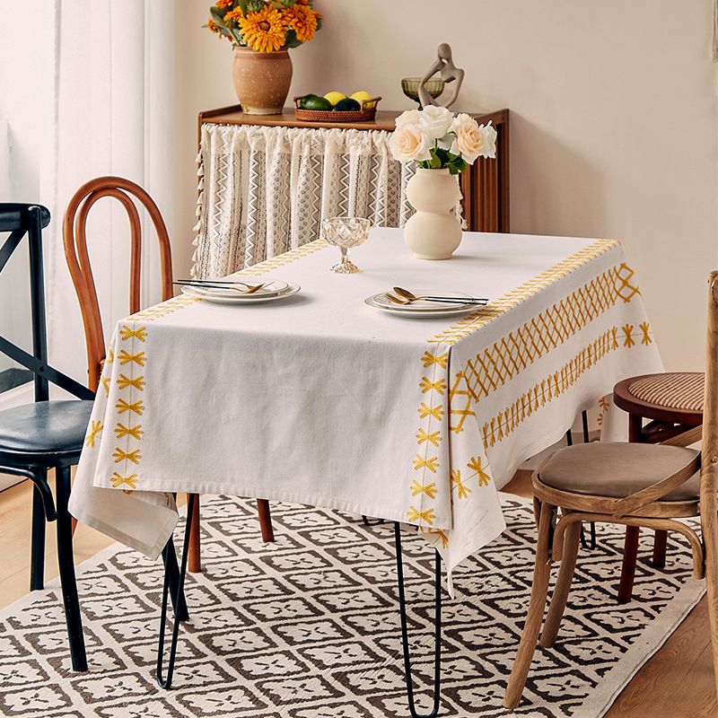 Tablecloth Yellow - Polycotton Embroidered With Cross/Arrow, Heat-Resistant & Wrinkle-Free, For Dining Table, Coffee Table Or Dorm Decor_voghion.com