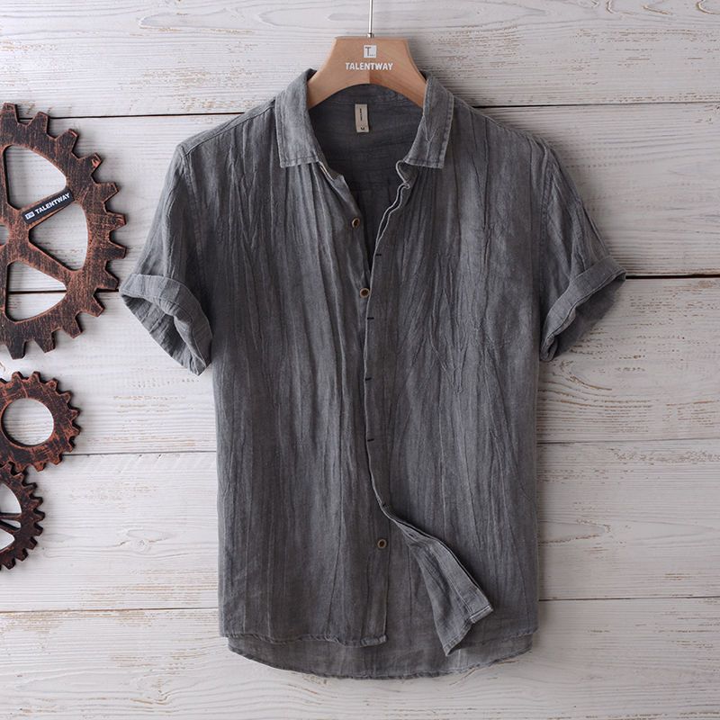 Men's Clothing Retro Wrinkled Short Sleeved Linen Shirt Men's Summer Casual Thin Breathable Loose Half Sleeved Cotton And Linen Shirt_voghion.com