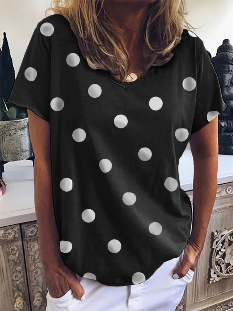 2023 new summer new polka dot print v-neck loose short sleeve T_voghion.com