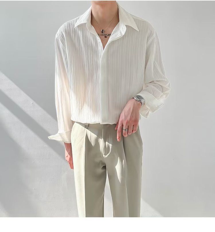 Maniche lunghe per uomo, primavera autunno INS, versione coreana di alta qualità, fresco e casual, design stropicciato scuro, giacca, no ig_voghion.com