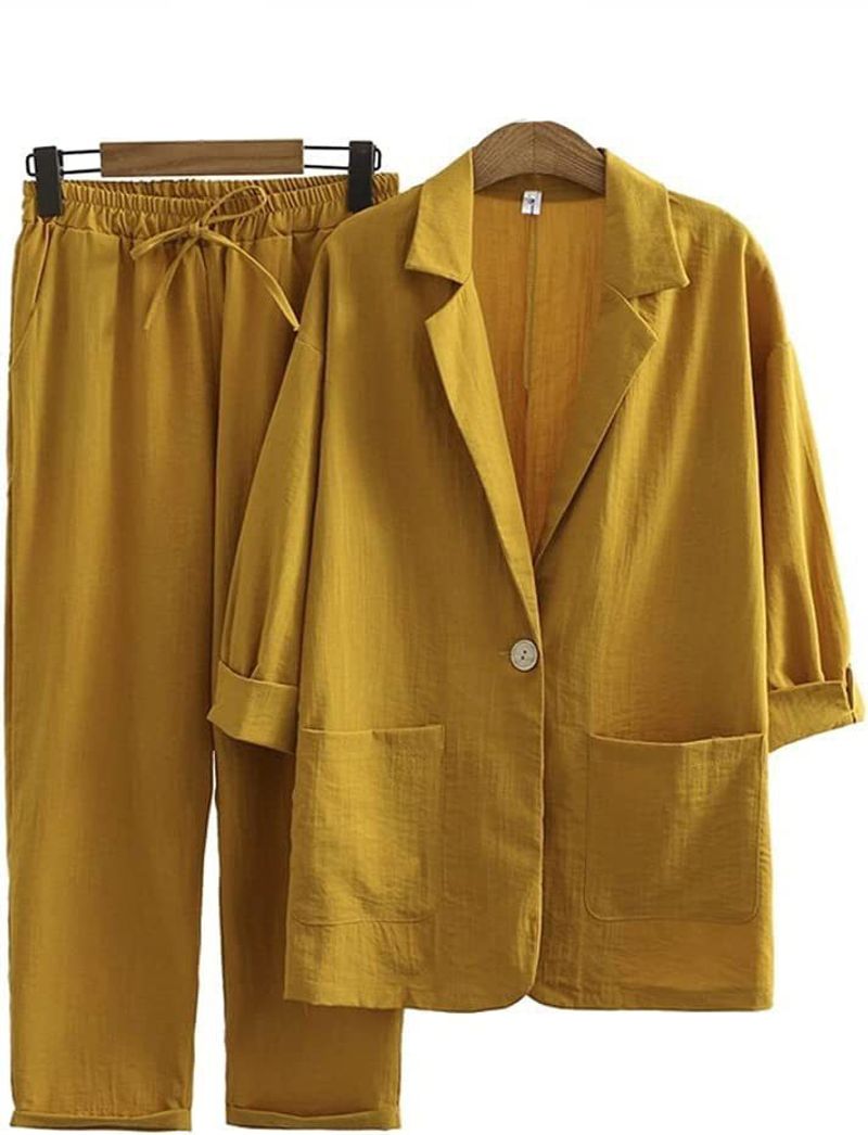 Nuevo traje de mujer, nuevo, elegante, de algodón y lino, talla grande, chaqueta, blazer, traje holgado y cómodo, pantalón superior, traje con bolsillos._voghion.com