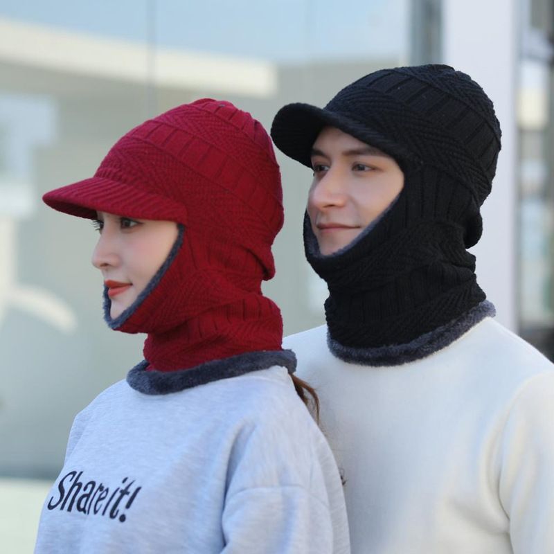 Spot knitted hat autumn and winter men's outdoor warm face-covering woolen hat ladies cycling bib one-piece fleece pullover hat_voghion.com
