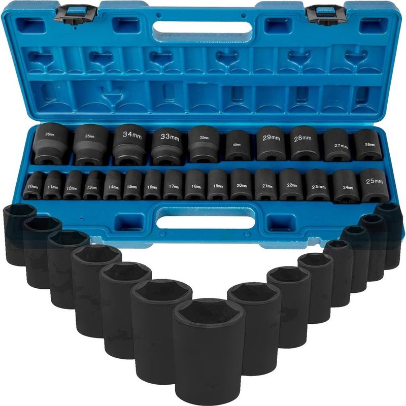 Impact Socket Set: 26 Pieces, 1/2' Drive - CR - Mo Material, 6-point And Shallow Sockets, Metric Sizes 10mm - 36mm, Sturdy Construction, Comes With_voghion.com