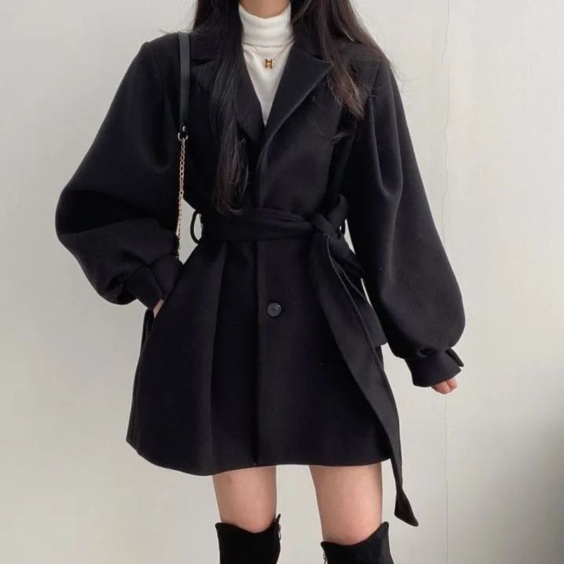 Schicker Oversize-Wollmantel mit Revers für Damen – Mittellanger Trenchcoat für kleine und große Größen – Herbst-Winter-Blazerjacke in Schwarz und Beige​_voghion.com