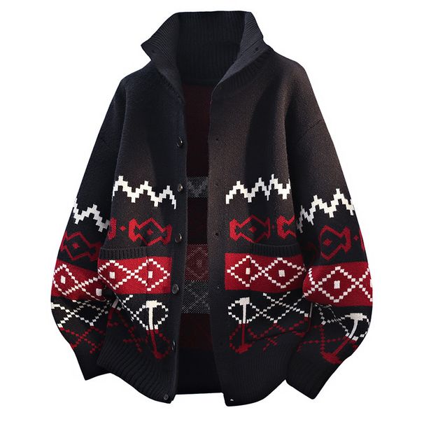 Herrenbekleidung: Weihnachtsstrickjacke mit Revers, Oversize-Karojacke, warmer Winterpullover für große Größen (M-4XL, Weiß/Grau/Schwarz)_voghion.com