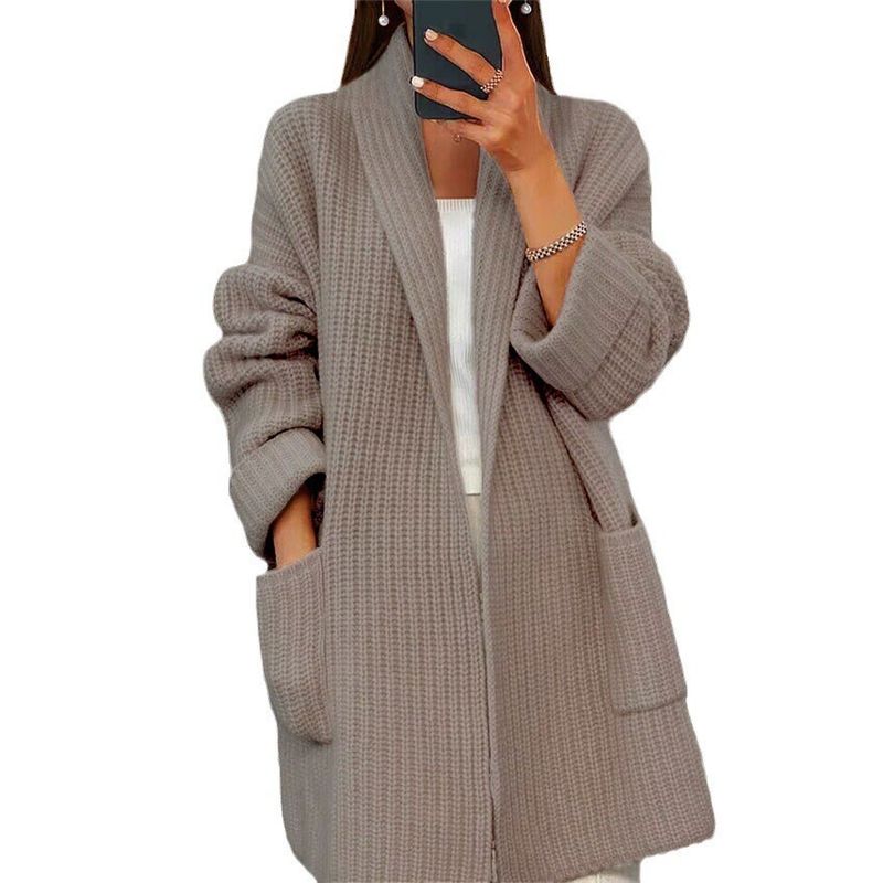 Dicker, einfarbiger Strick-Cardigan für Damen mit V-Ausschnitt und lockeren Taschen_voghion.com