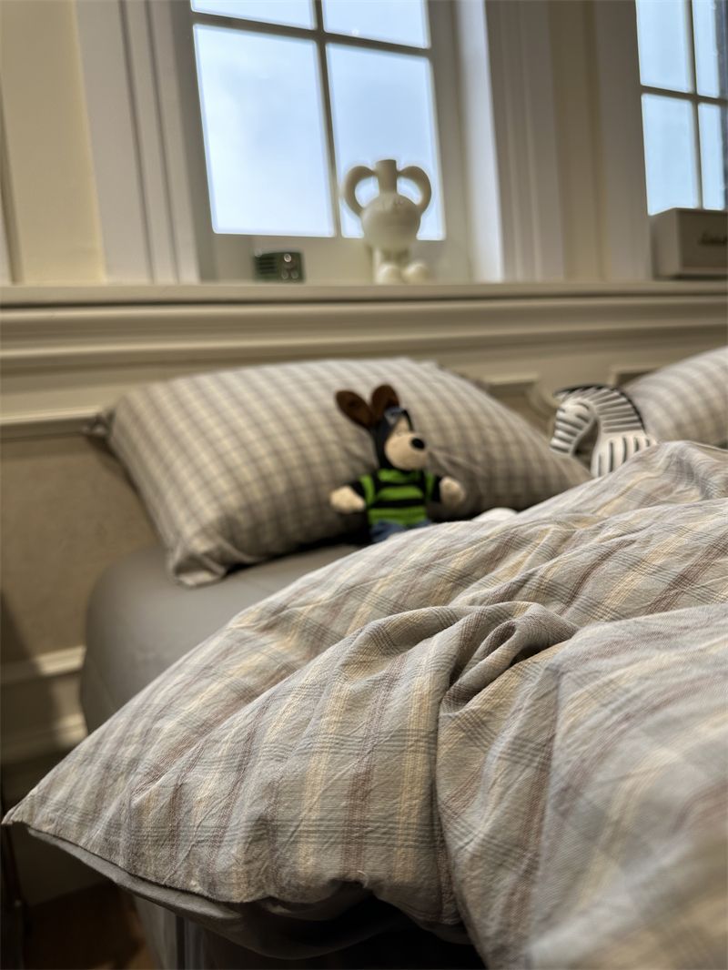 Copripiumino per dormitorio studentesco in stile minimalista giapponese grigio a quadri 100% cotone 1,5 m 1,8 m 1,2 m_voghion.com