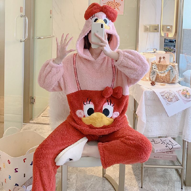 Pigiama a pelo lungo per donna in inverno, dolce e carina camicia da notte con maniche a cartoni animati, pantaloni lunghi, vestiti per la casa, due pezzi_voghion.com